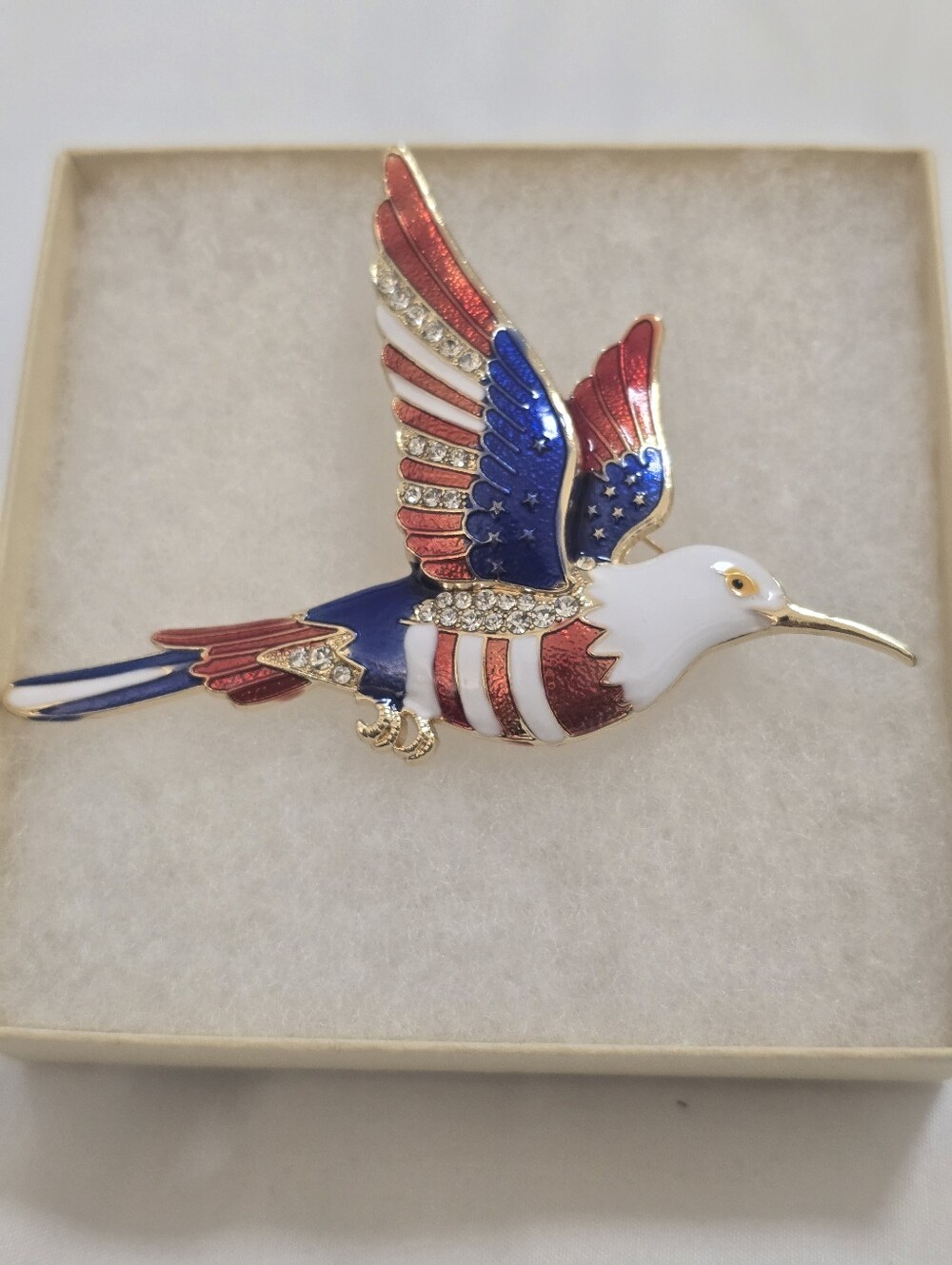 Patriotic Red White & Blue Hummingbird Bird Brooch Pin